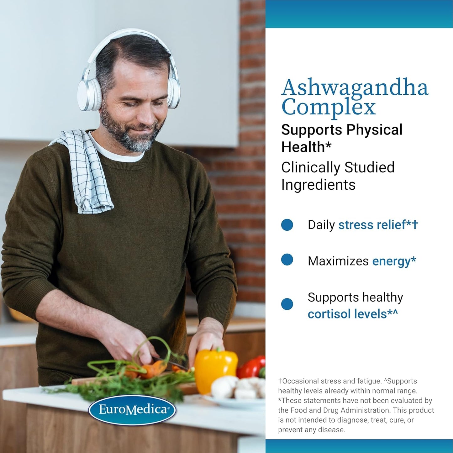 60 Capsules Euromedica Ashwagandha Complex with Rhodiola - Energy, Focus, Concentration - Non-GMO - 60 Servings - Clinically Proven