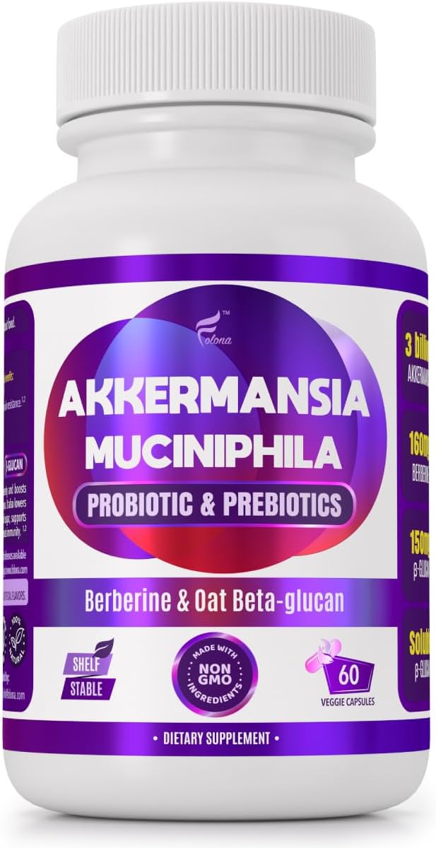 60 Capsules FOLONA Akkermansia GLP-1 Probiotic Delayed Release Supplement with Berberine and Beta-Glucan Fiber for Gut Health - 3 Billion AFU