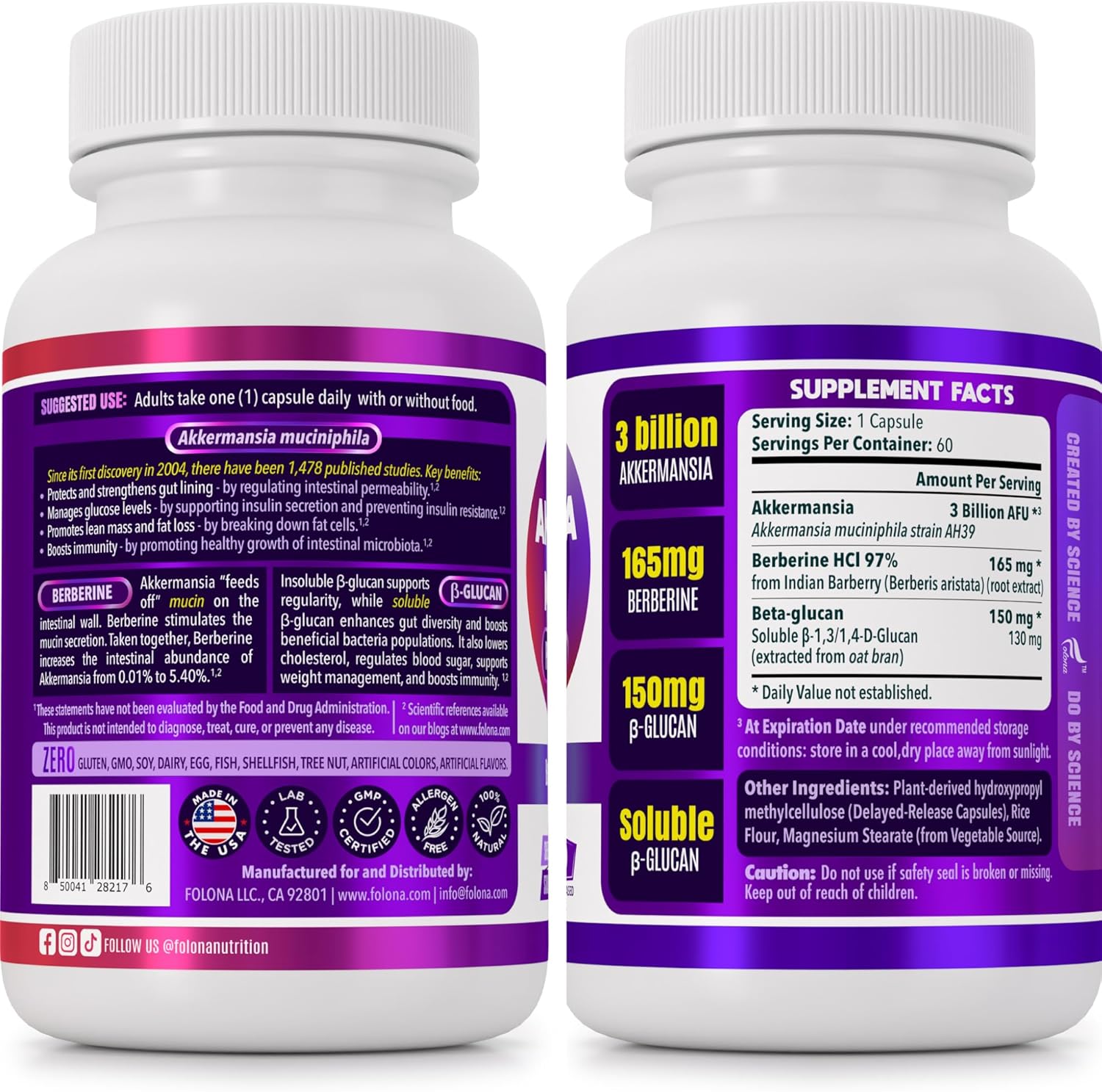 60 Capsules FOLONA Akkermansia GLP-1 Probiotic Delayed Release Supplement with Berberine and Beta-Glucan Fiber for Gut Health - 3 Billion AFU