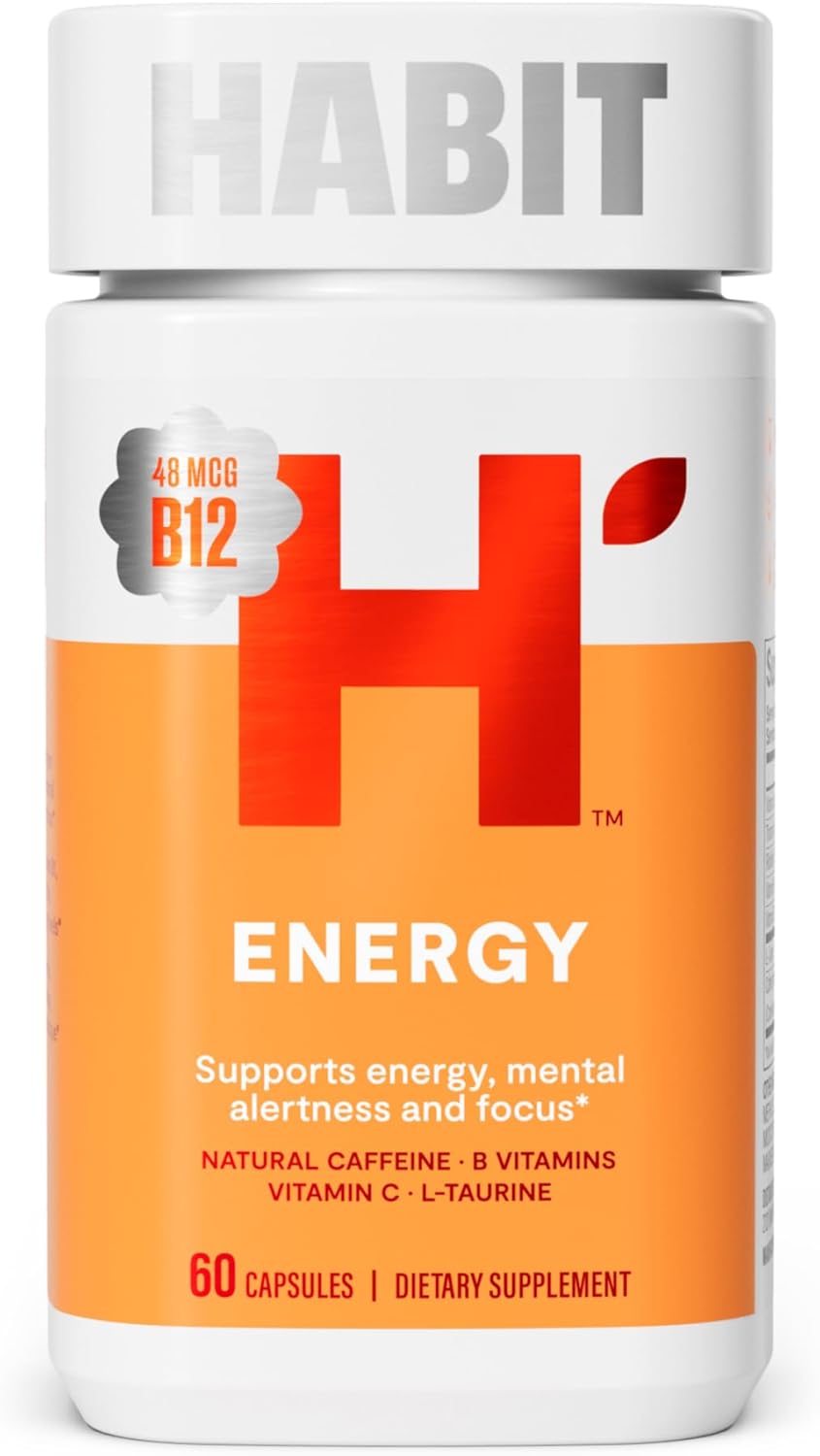 60 Capsules H' Habit Habit Energy Supplement - Supports Energy, Alertness, Focus - Natural Caffeine, Vitamins B & C - Green Tea Extract - Vegan, Non-GMO - New Look