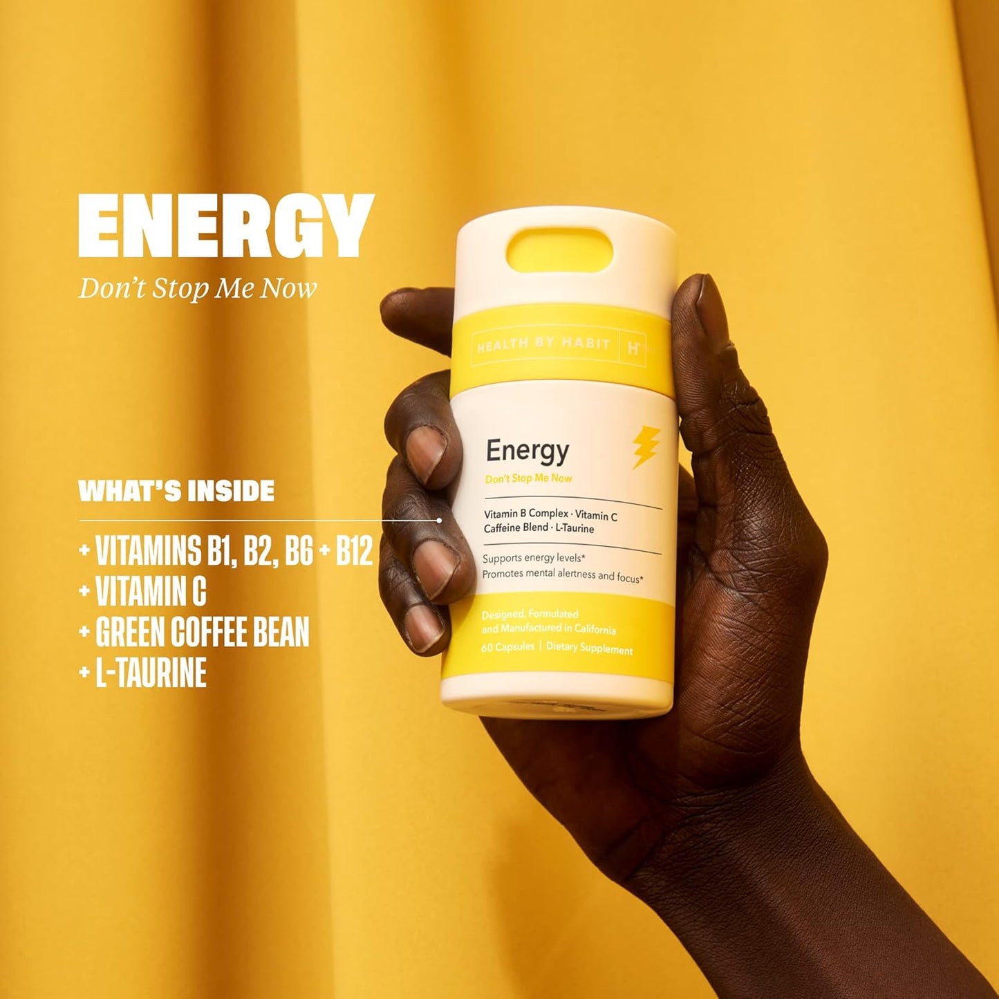 60 Capsules Habit Energy Supplement with Natural Caffeine Blend, Vitamins B & C - Boost Energy, Mental Alertness, Focus - Vegan, Non-GMO, Sugar Free - Supports Healthy Habits