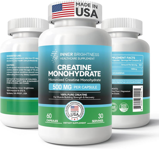 60 Capsules Inner Brightness Creatine Monohydrate: Muscle Builder, Endurance & Strength Workout Supplement - Non-GMO, Gluten Free