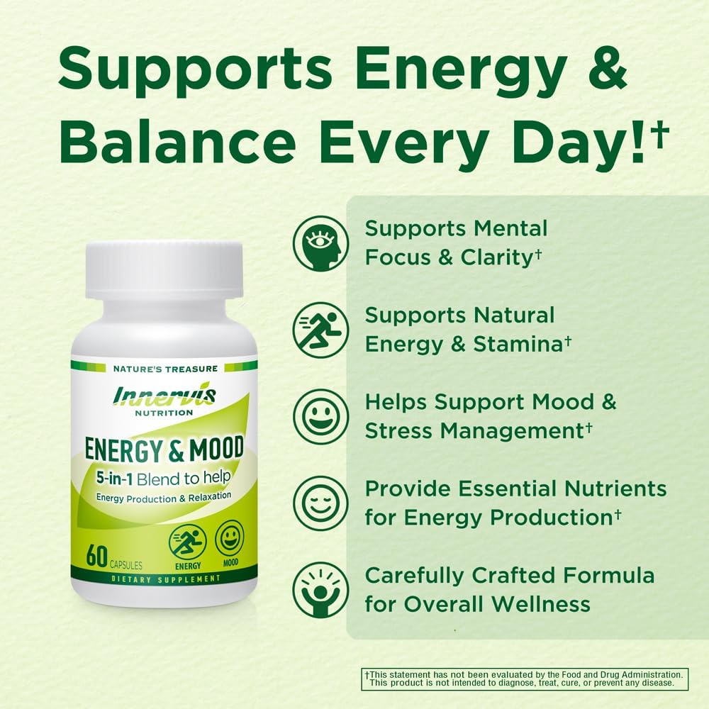 60 Capsules INNERVISNUTRITION Energy & Mood Supplement - 5-in-1 Formula for Energy, Relaxation, and Stress Relief - Non-GMO & Lab Tested