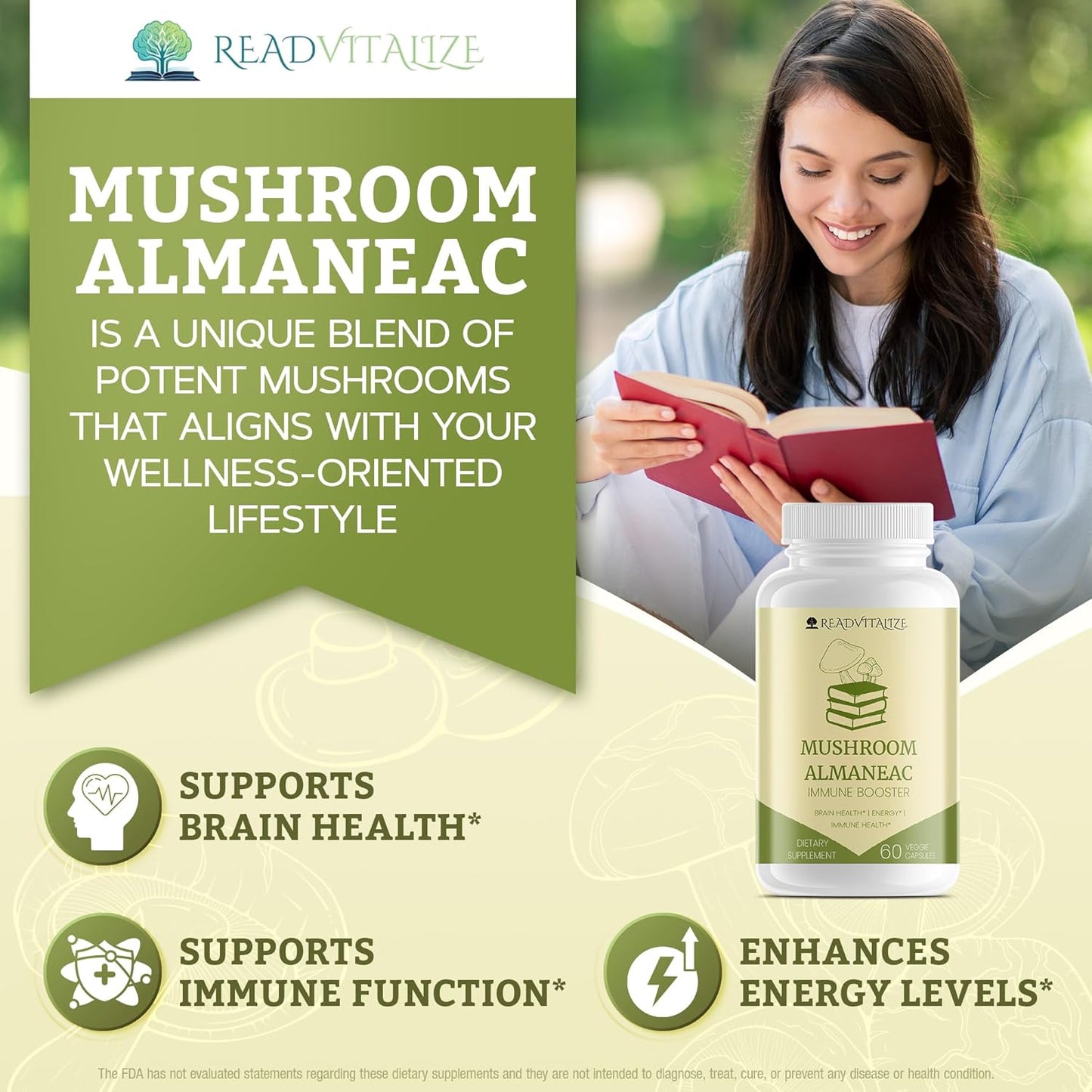 60 Capsules Mushroom Almanac Nootropics Brain Support Supplement - Boost Energy, Focus, Immune Support - Lions Mane, Cordyceps, Turkey Tail, Shiitake Mushrooms