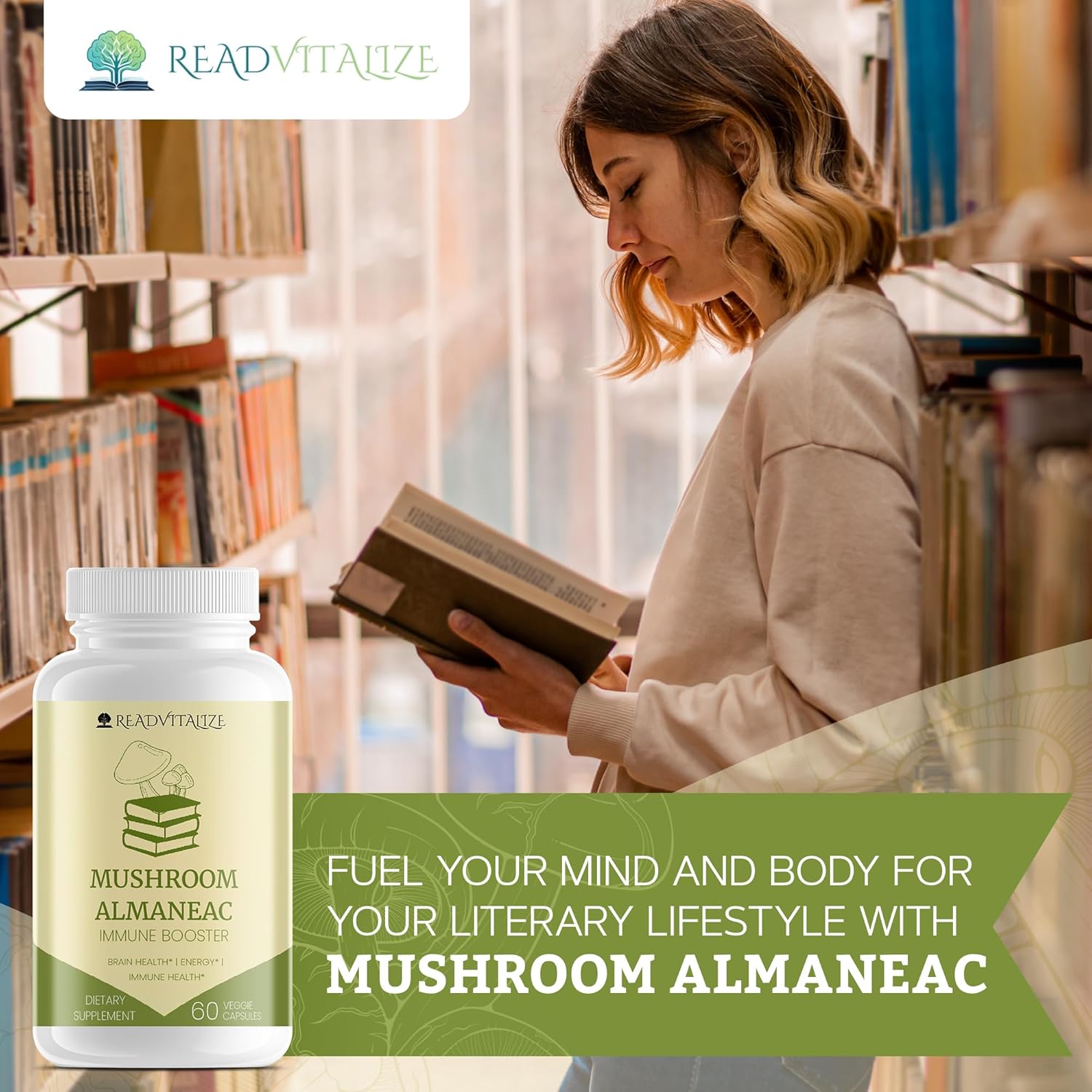 60 Capsules Mushroom Almanac Nootropics Brain Support Supplement - Boost Energy, Focus, Immune Support - Lions Mane, Cordyceps, Turkey Tail, Shiitake Mushrooms