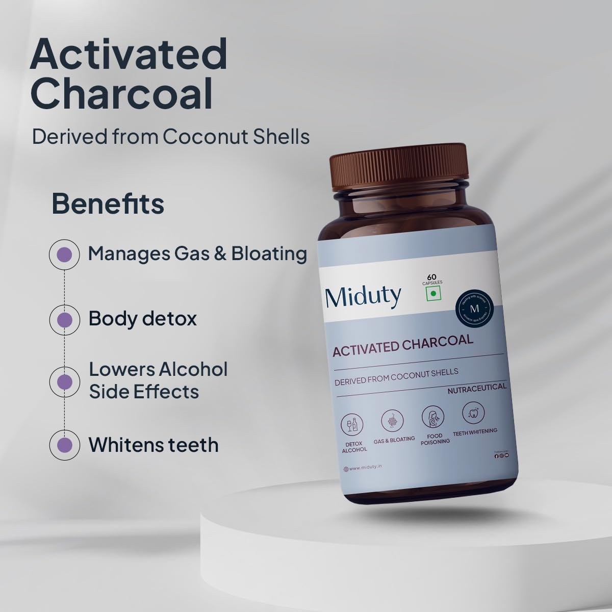 60 Capsules of Activated Charcoal for Body Detox, Alcohol Detox, and Jet Lag Relief
