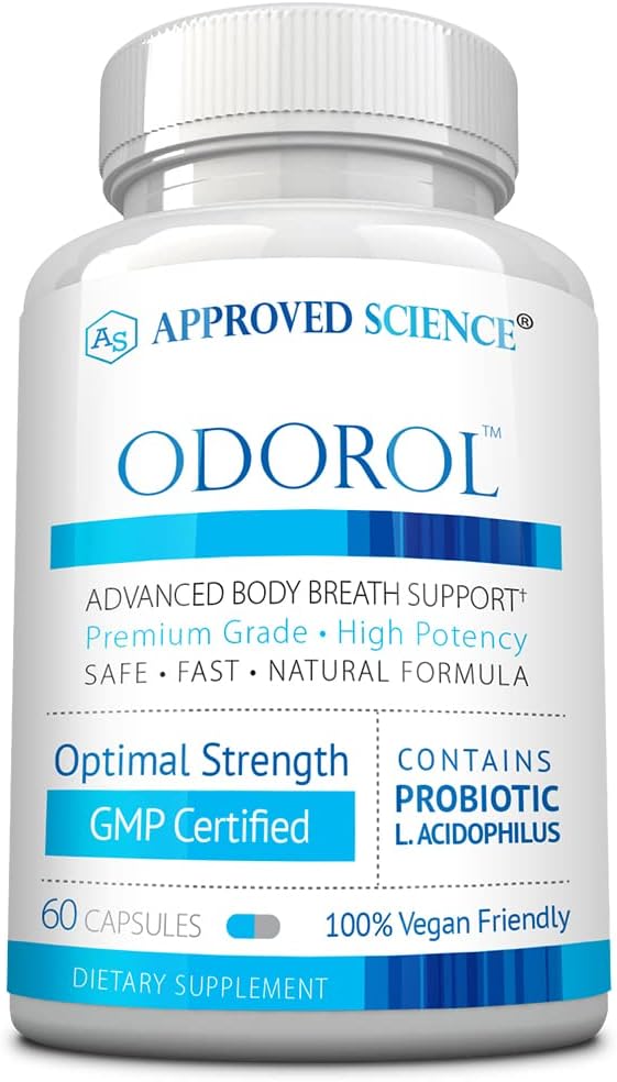 60 Capsules of Approved Science Odorol - Natural Fresh Breath and Body Odor Solution with L.acidophilus, Green Tea, and Peppermint Oil - Vegan and Non-GMO