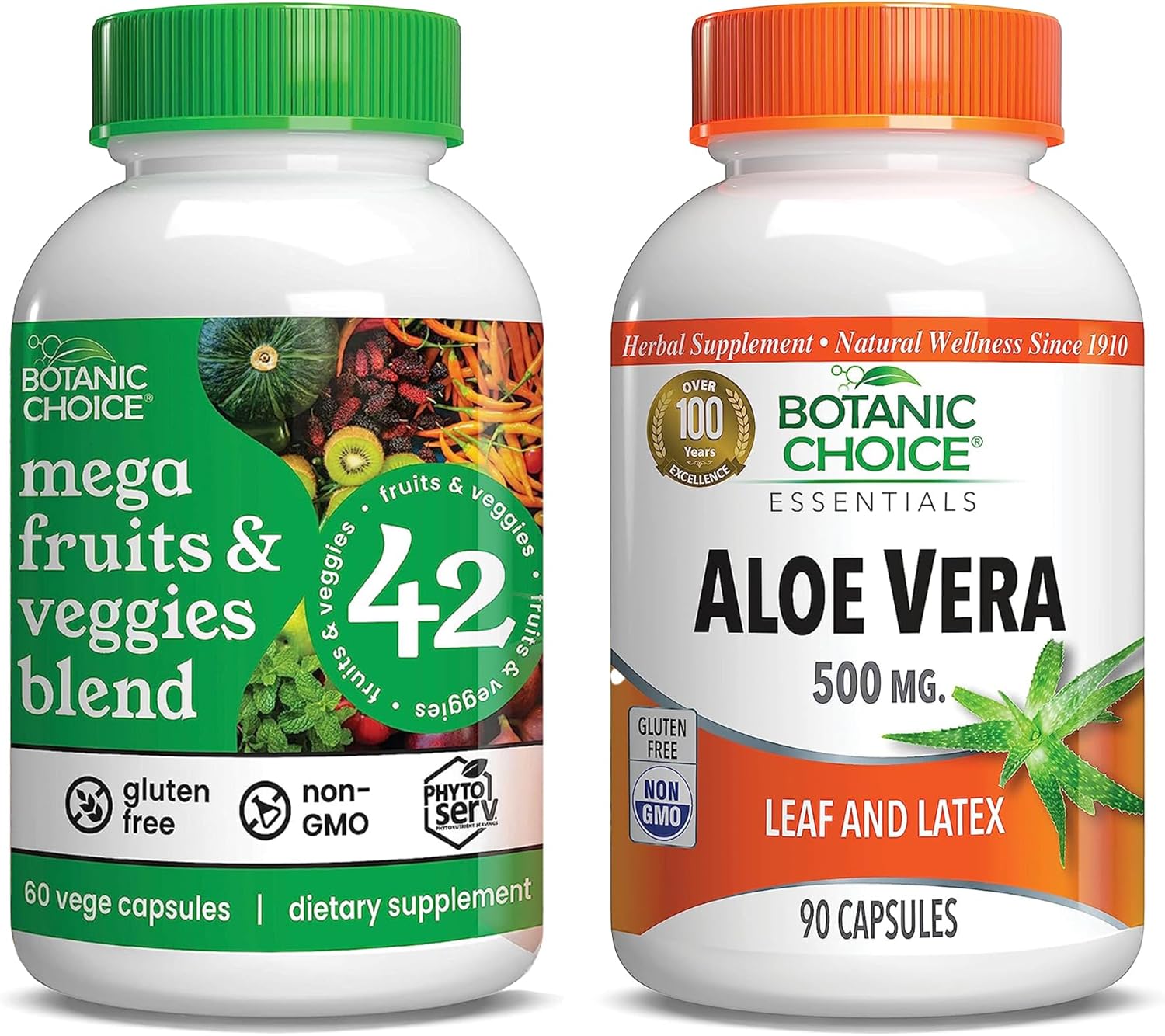 60 Capsules of Botanic Choice Mega Fruits and Veggies Blend with 90 Capsules of Aloe Vera - Energy Balance & Digestive Health Support Bundle