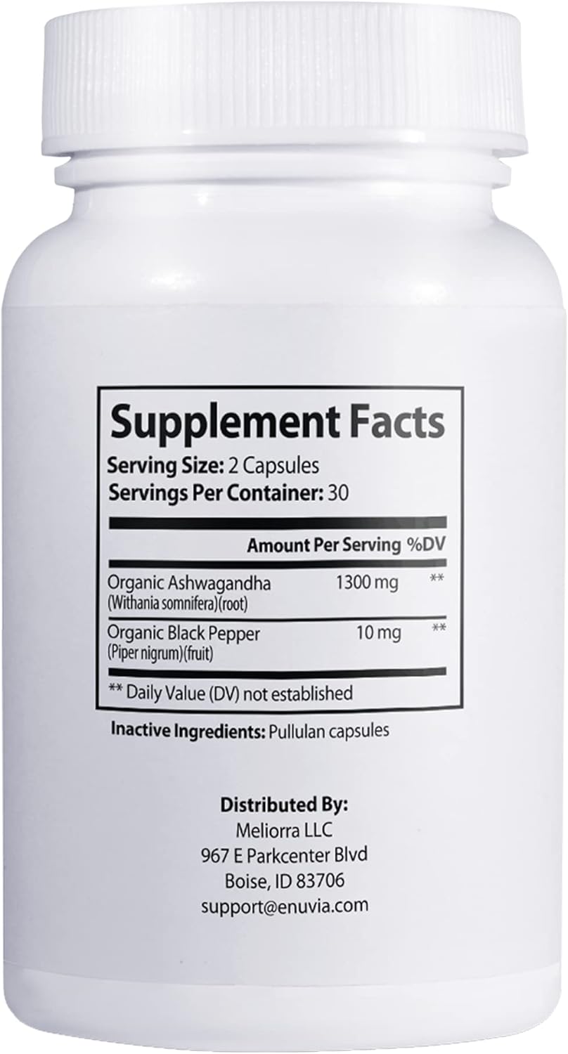 60 Capsules of eNUVIA Ashwagandha Supplement - Natural Relief and Stamina Support with Black Pepper Extract for Enhanced Absorption - Vegan and Made in the USA