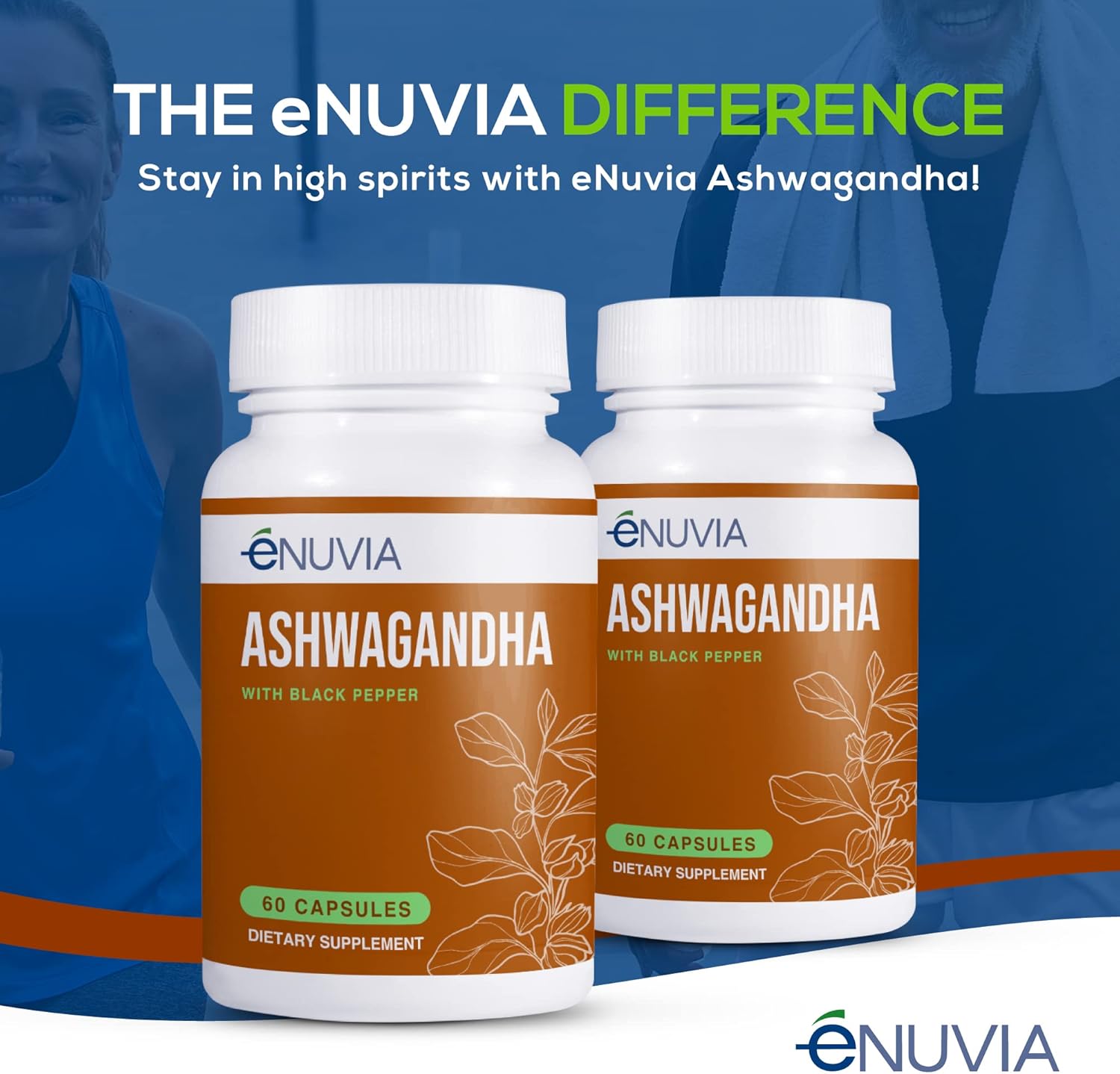 60 Capsules of eNUVIA Ashwagandha Supplement - Natural Relief and Stamina Support with Black Pepper Extract for Enhanced Absorption - Vegan and Made in the USA