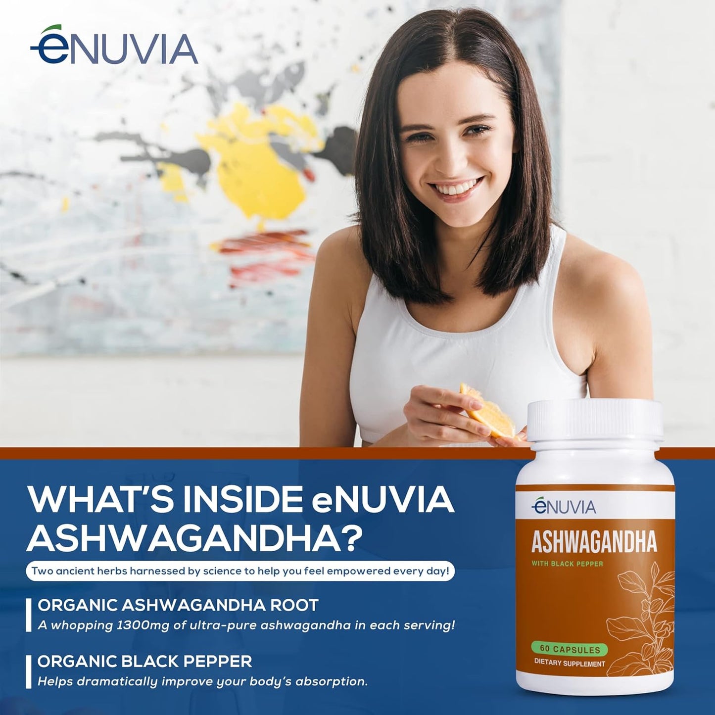 60 Capsules of eNUVIA Ashwagandha Supplement - Natural Relief and Stamina Support with Black Pepper Extract for Enhanced Absorption - Vegan and Made in the USA