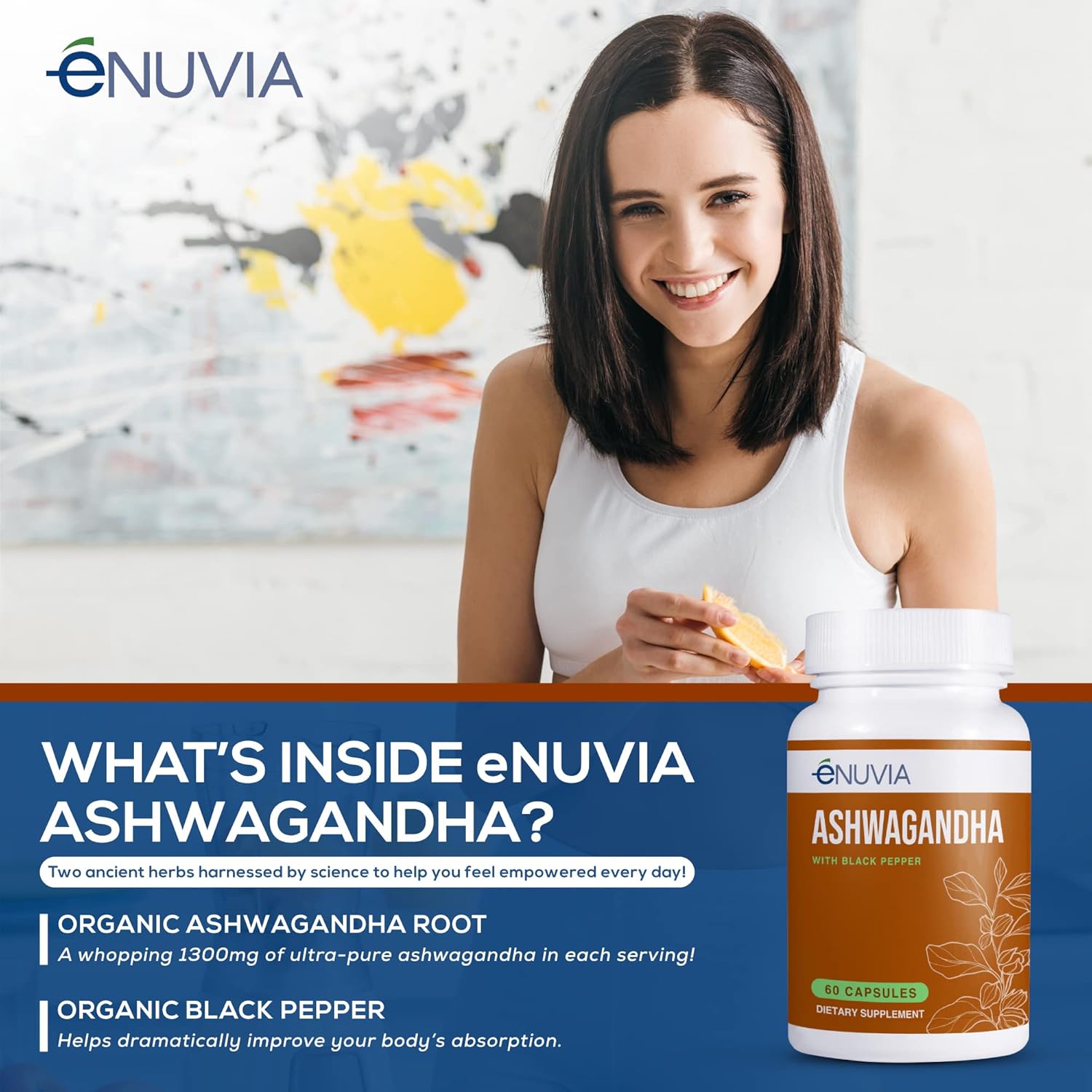 60 Capsules of eNUVIA Ashwagandha Supplement - Natural Relief and Stamina Support with Black Pepper Extract for Enhanced Absorption - Vegan and Made in the USA