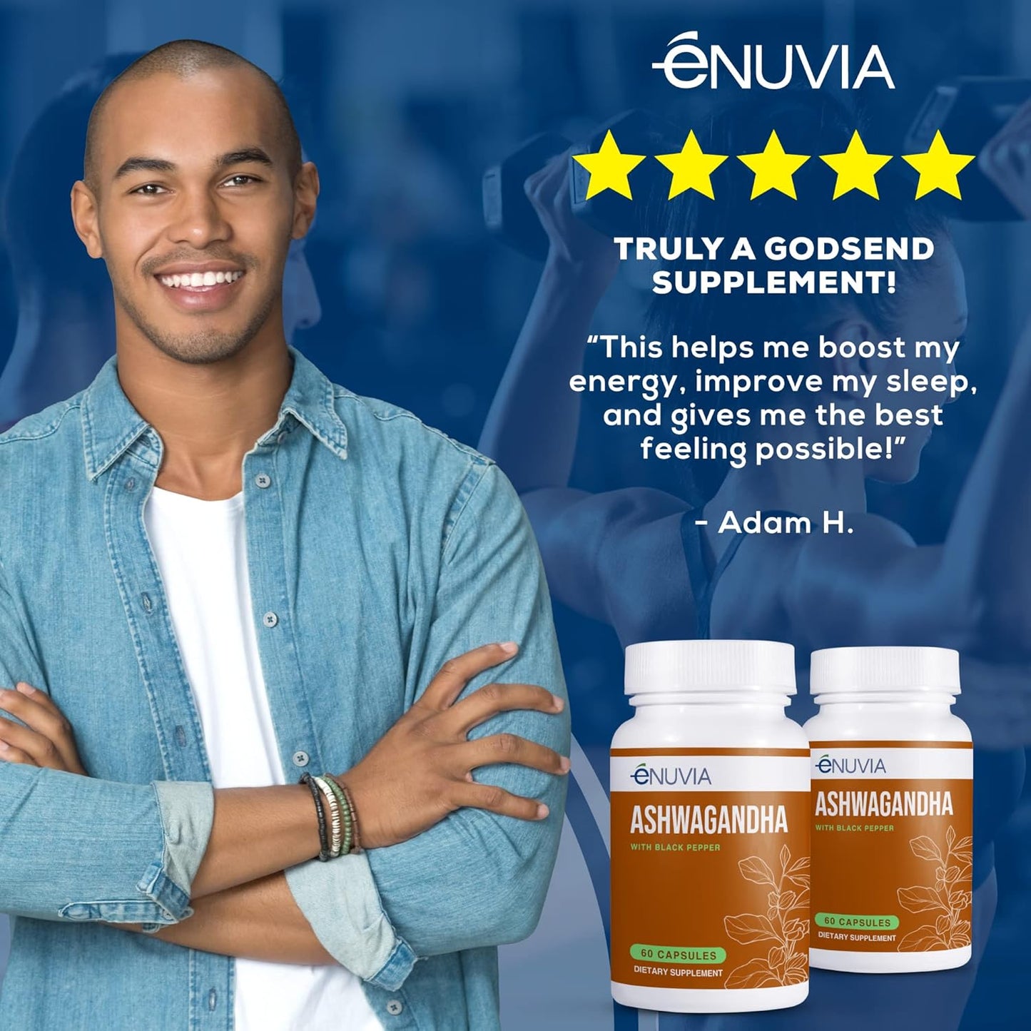 60 Capsules of eNUVIA Ashwagandha Supplement - Natural Relief and Stamina Support with Black Pepper Extract for Enhanced Absorption - Vegan and Made in the USA