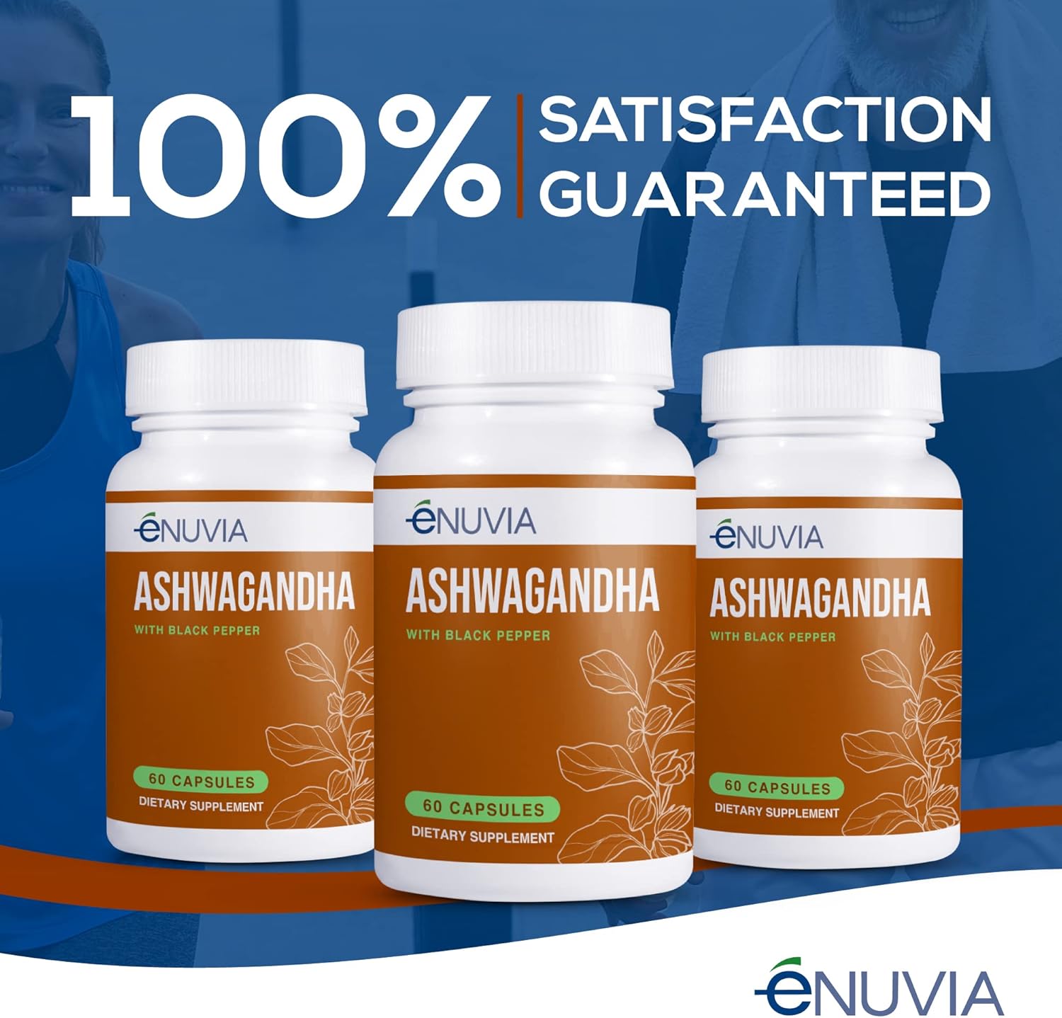 60 Capsules of eNUVIA Ashwagandha Supplement - Natural Relief and Stamina Support with Black Pepper Extract for Enhanced Absorption - Vegan and Made in the USA