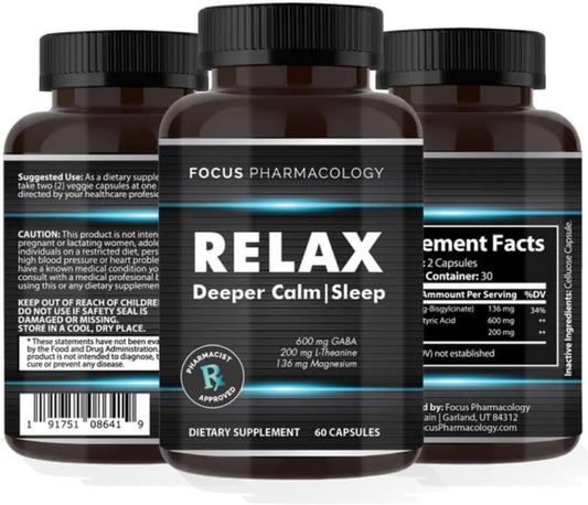60 Capsules of Focus Pharmacology Relax Formula for Stress Relief and Mental Clarity