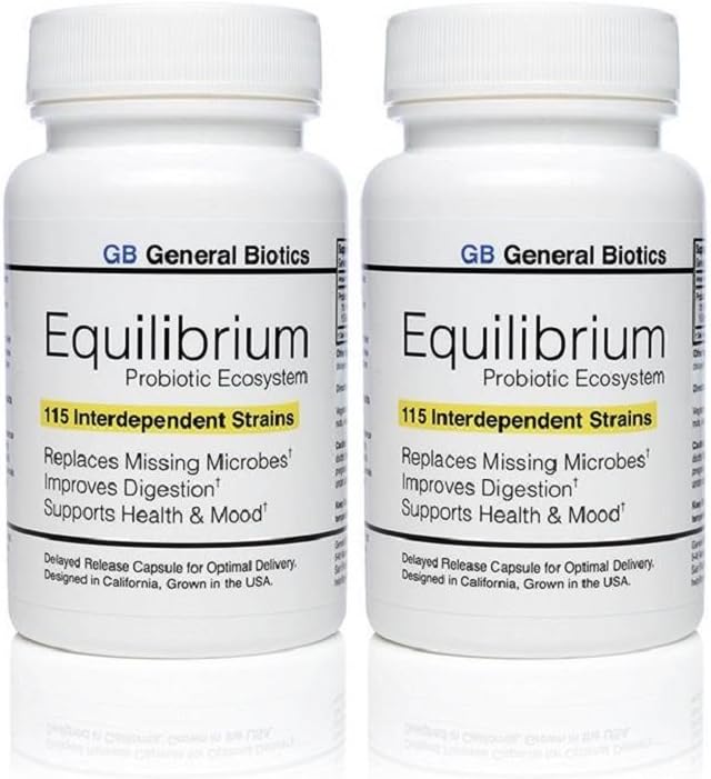 60 Capsules of General Biotics Equilibrium Probiotic Supplement with Prebiotic - Daily Time Release - Highest Strain Count - 2 Bottles