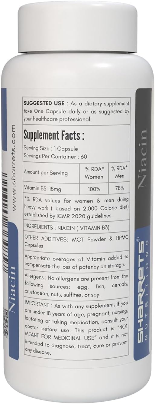 60 Capsules of Generic Vitamin B3 Niacin Supplement for Energy Boost