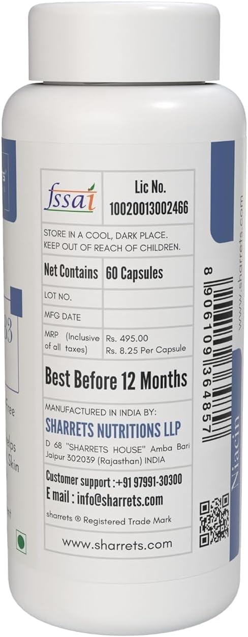 60 Capsules of Generic Vitamin B3 Niacin Supplement for Energy Boost