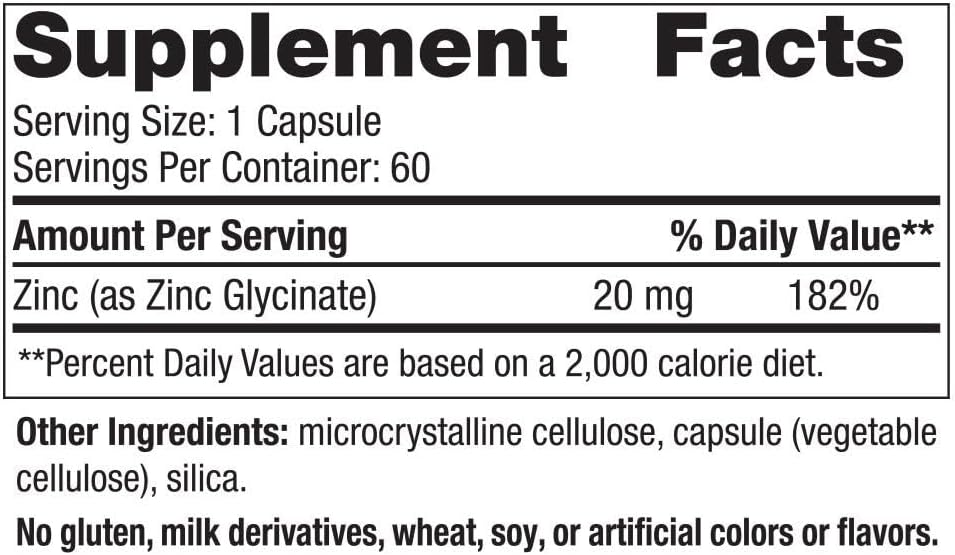 60 Capsules of Highly Absorbable 20mg Zinc Glycinate for Optimal Wellness - Non-GMO, Gluten Free, Vegan - 30 Servings