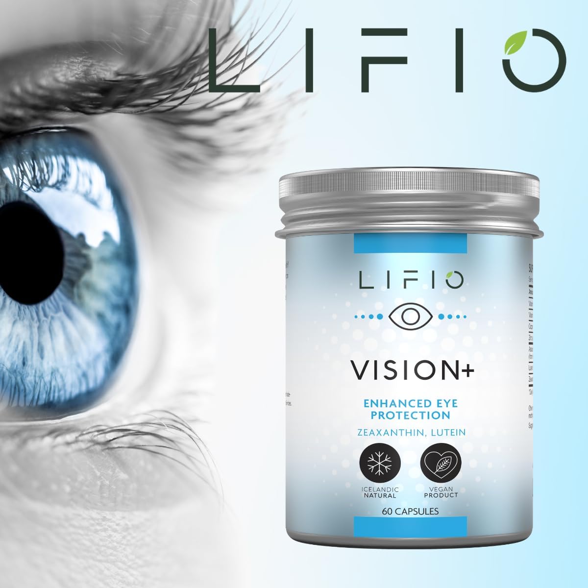 60 Capsules of Lifio Vision+ Eye Protection with Icelandic Astaxanthin, Zeaxanthin, and Lutein - Vegan formula