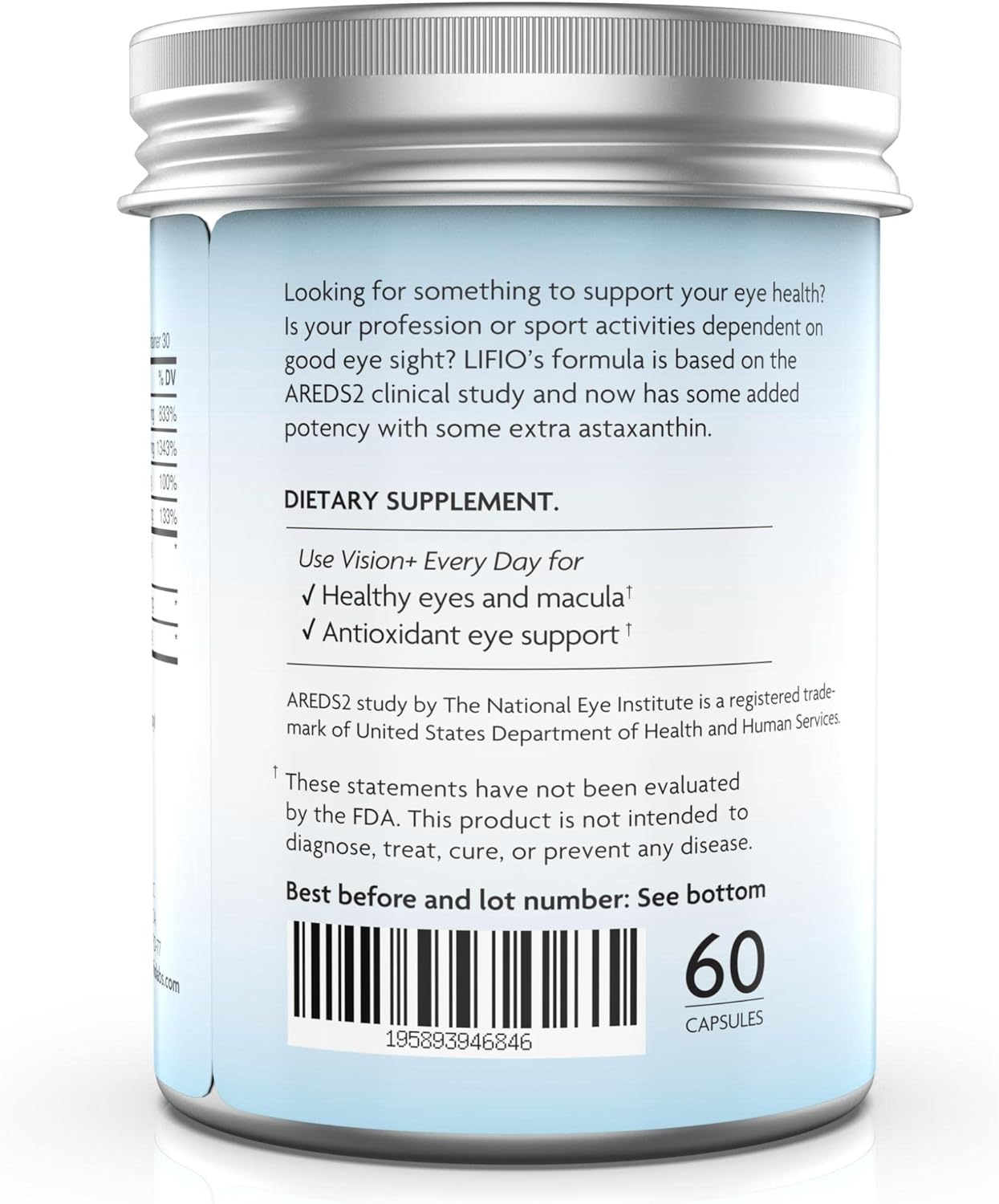 60 Capsules of Lifio Vision+ Eye Protection with Icelandic Astaxanthin, Zeaxanthin, and Lutein - Vegan formula