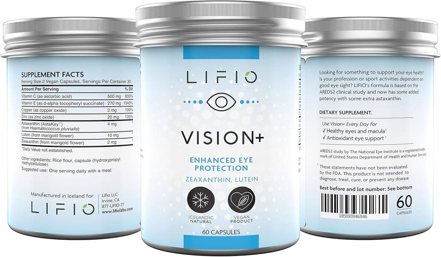 60 Capsules of Lifio Vision+ Eye Protection with Icelandic Astaxanthin, Zeaxanthin, and Lutein - Vegan formula