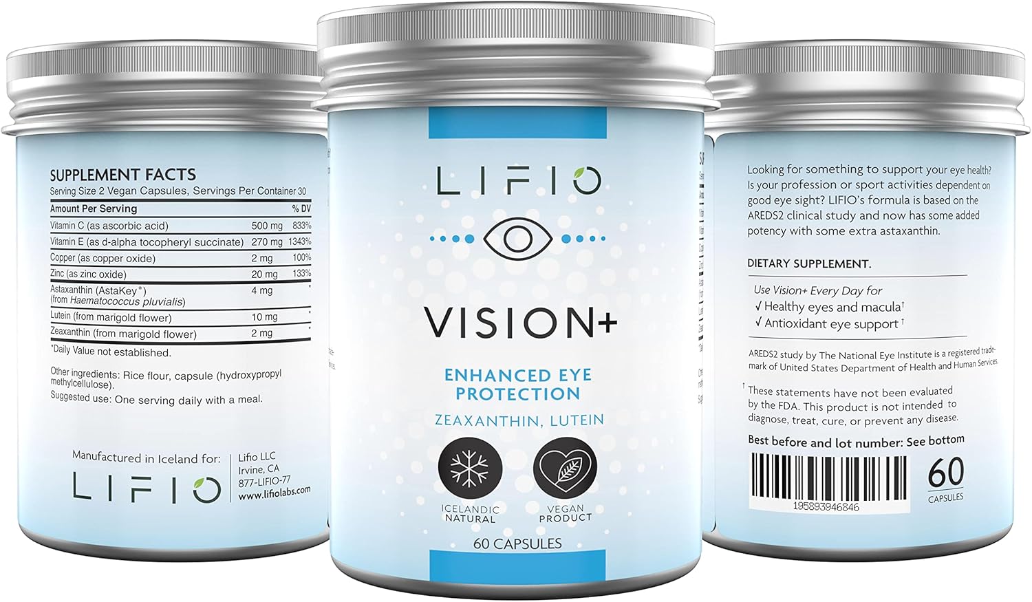 60 Capsules of Lifio Vision+ Eye Protection with Icelandic Astaxanthin, Zeaxanthin, and Lutein - Vegan formula