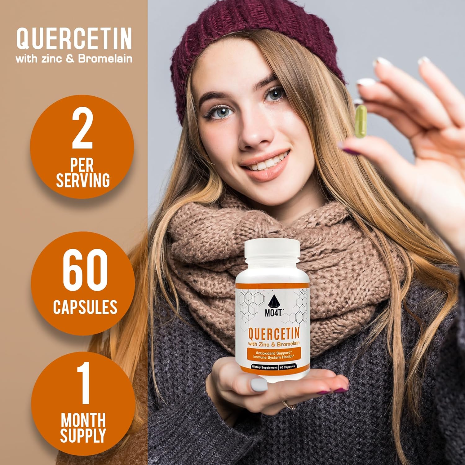 60 Capsules of MO4T Quercetin & Bromelain with Zinc for Immune System Support and Antioxidant Health - 1050 mg Potent Dietary Supplement Formula