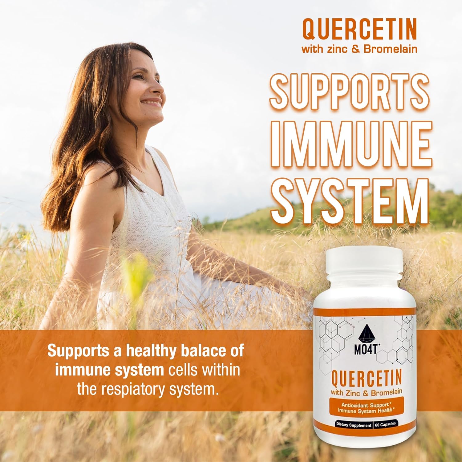 60 Capsules of MO4T Quercetin & Bromelain with Zinc for Immune System Support and Antioxidant Health - 1050 mg Potent Dietary Supplement Formula