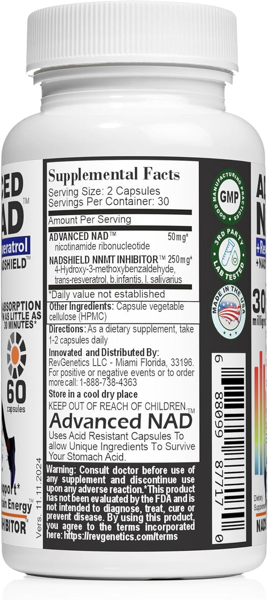 60 Capsules of REVGENETICS Advanced NAD+ Supplement - Promotes Healthy Aging and Longevity