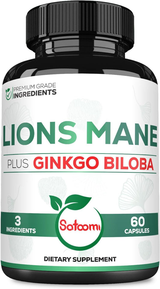 60 Capsules of Satoomi Lions Mane & Ginkgo Biloba Supplement - Boost Brain Health, Immune System, Focus - Gluten-Free, Non-GMO - Extra Strength Formula for Restful Mind