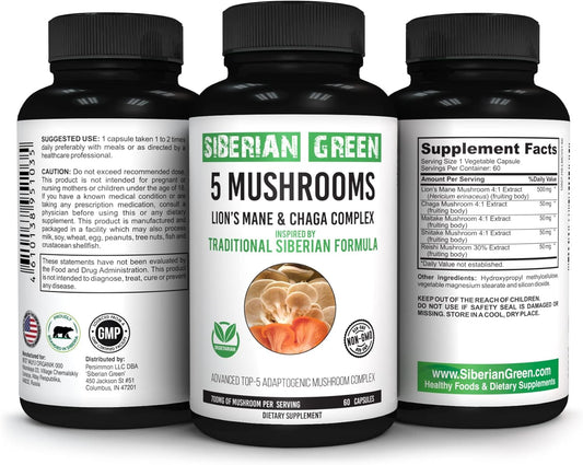 60 Capsules of Siberian Green Mushroom Blend with Lions Mane, Chaga, Shiitake, Maitake, Reishi