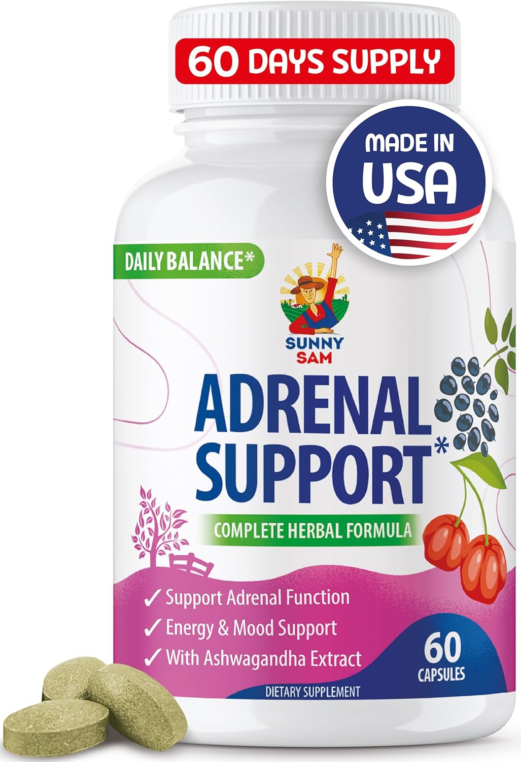 60 Capsules of SUNNY SAM Adrenal Cortex Support Supplements for Healthy Cortisol Levels, Energy, and Stress Relief