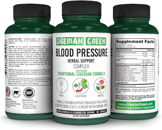 60 Capsules Siberian Green Blood Cardio Pressure Herbal Support with Hawthorn, Hibiscus, and Garlic - Traditional Siberian Formula