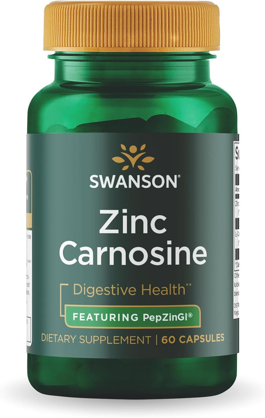 60 Capsules Swanson Ultra Zinc Carnosine (PepZinGI) - Natural Supplement for Gastric Health, Digestive Support, Stomach Microbial Balance