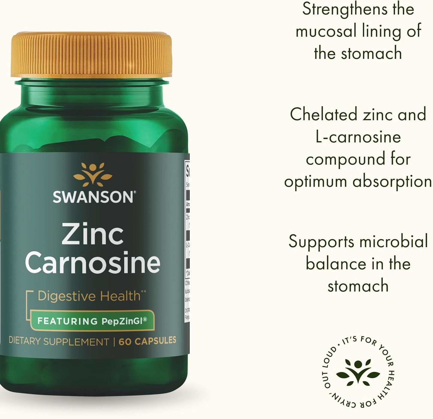 60 Capsules Swanson Ultra Zinc Carnosine (PepZinGI) - Natural Supplement for Gastric Health, Digestive Support, Stomach Microbial Balance