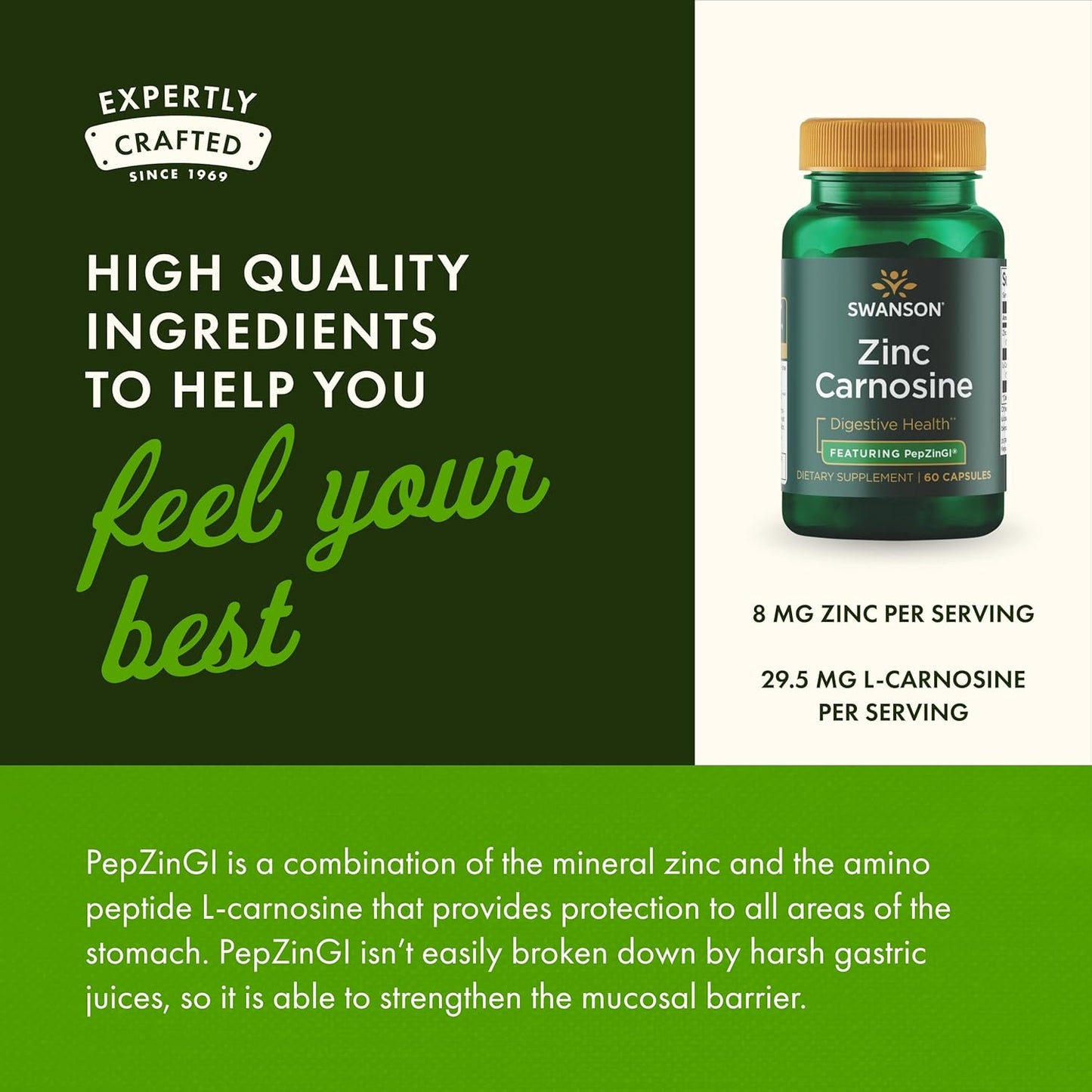 60 Capsules Swanson Ultra Zinc Carnosine (PepZinGI) - Natural Supplement for Gastric Health, Digestive Support, Stomach Microbial Balance