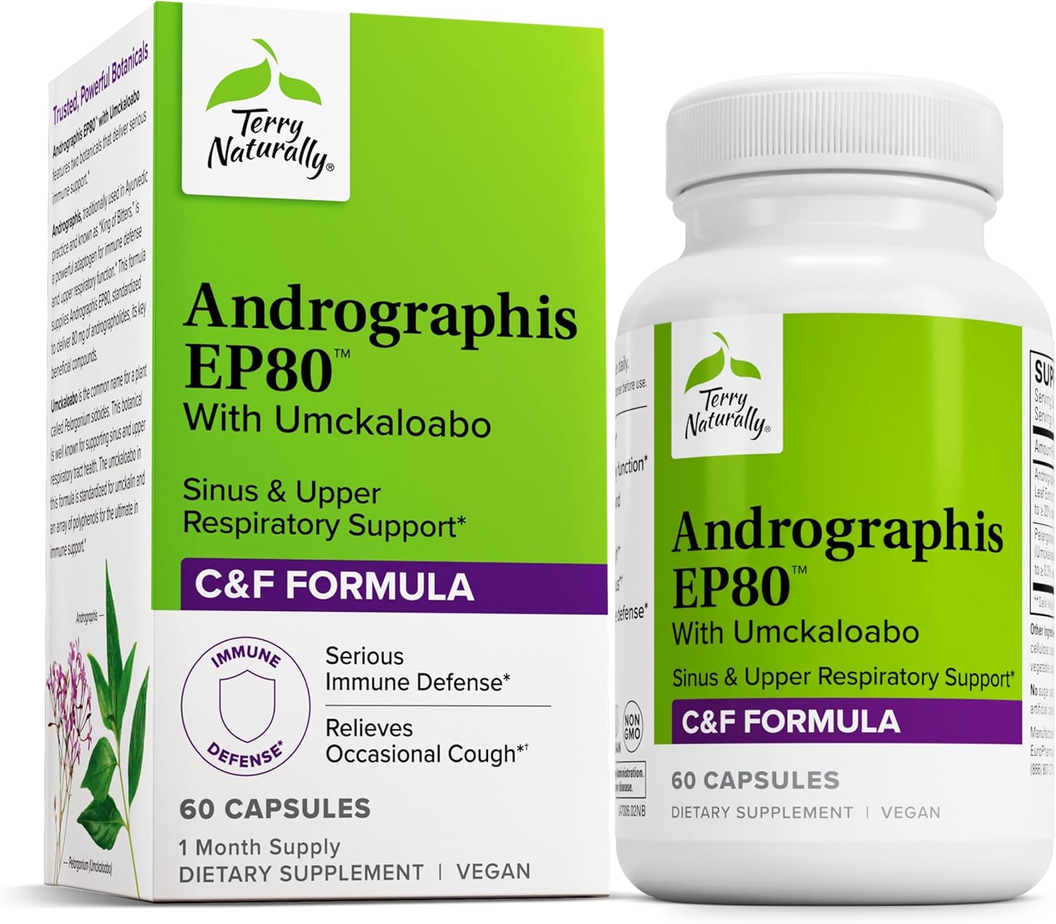 60 Capsules Terry Naturally Andrographis EP80 with Umckaloabo - Sinus & Upper Respiratory Support - Non-GMO, Vegan, Gluten Free - 60 Servings
