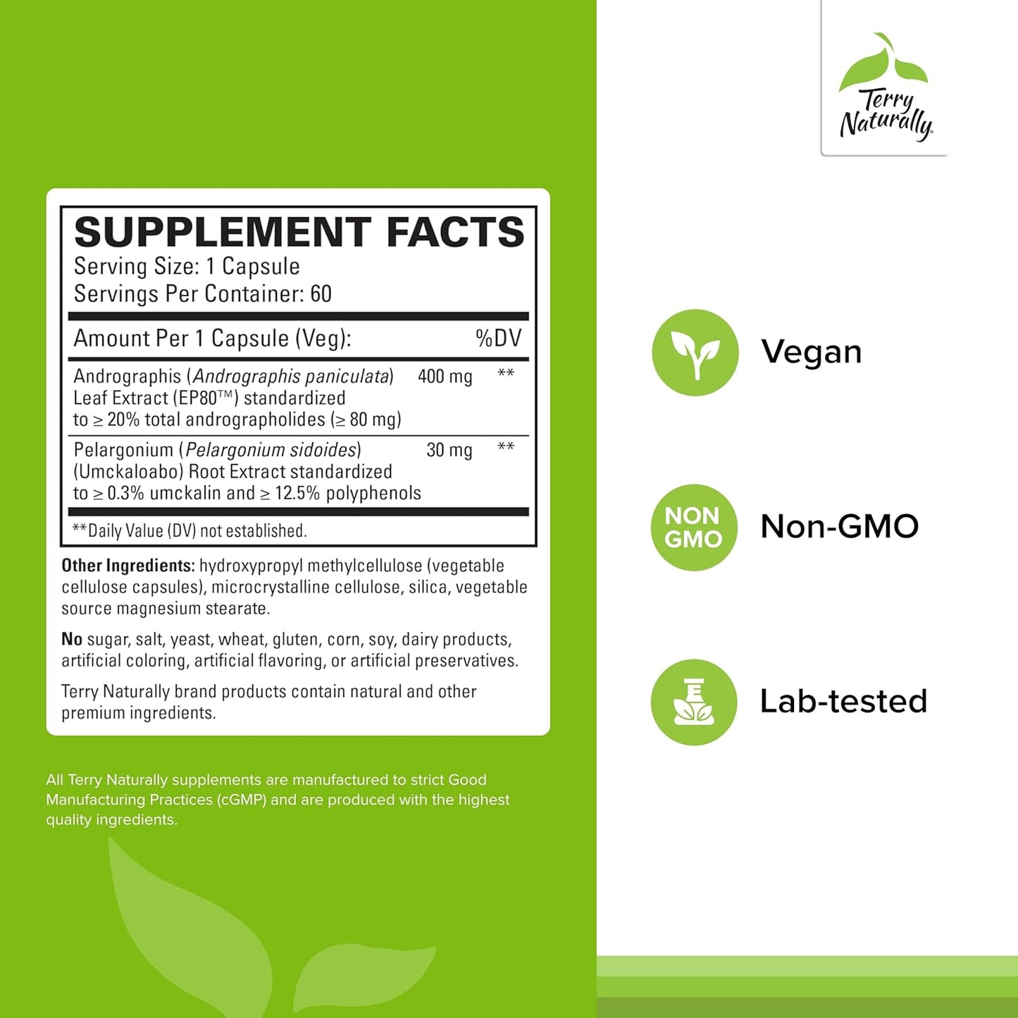 60 Capsules Terry Naturally Andrographis EP80 with Umckaloabo - Sinus & Upper Respiratory Support - Non-GMO, Vegan, Gluten Free - 60 Servings