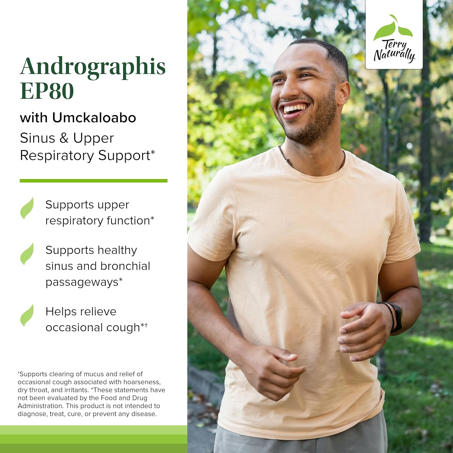 60 Capsules Terry Naturally Andrographis EP80 with Umckaloabo - Sinus & Upper Respiratory Support - Non-GMO, Vegan, Gluten Free - 60 Servings
