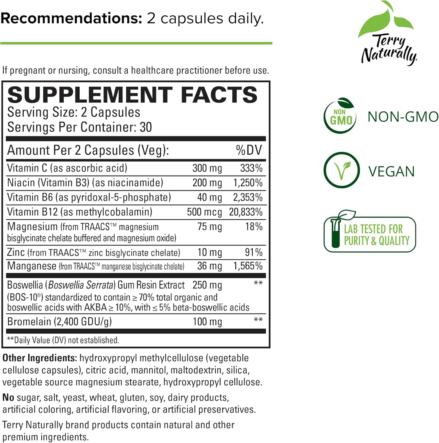 60 Capsules Terry Naturally Ligaments & Tendons Support - Collagen Production, Elasticity, & Strength - Non-GMO, Vegan, Gluten Free - 30 Servings