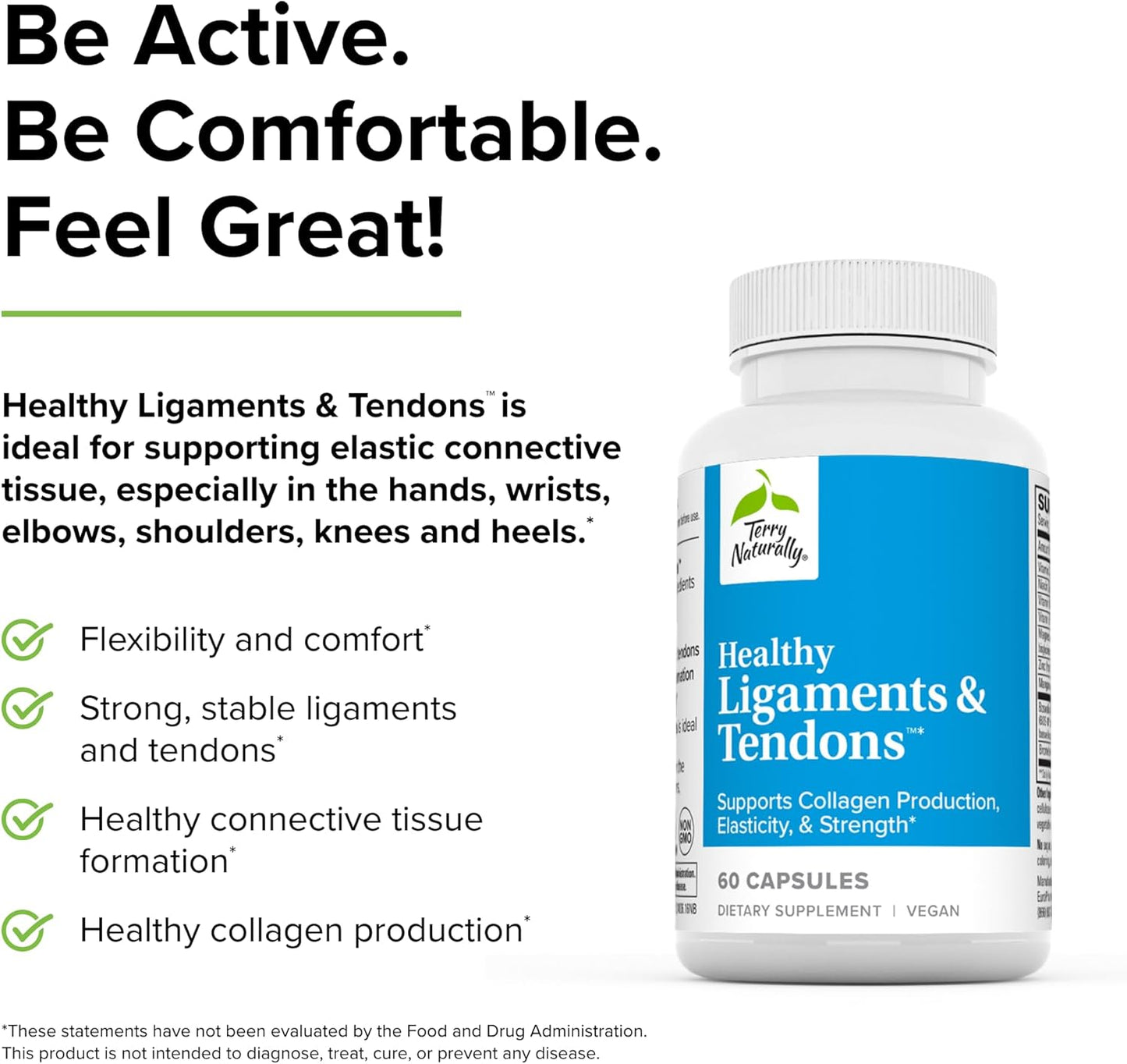 60 Capsules Terry Naturally Ligaments & Tendons Support - Collagen Production, Elasticity, & Strength - Non-GMO, Vegan, Gluten Free - 30 Servings
