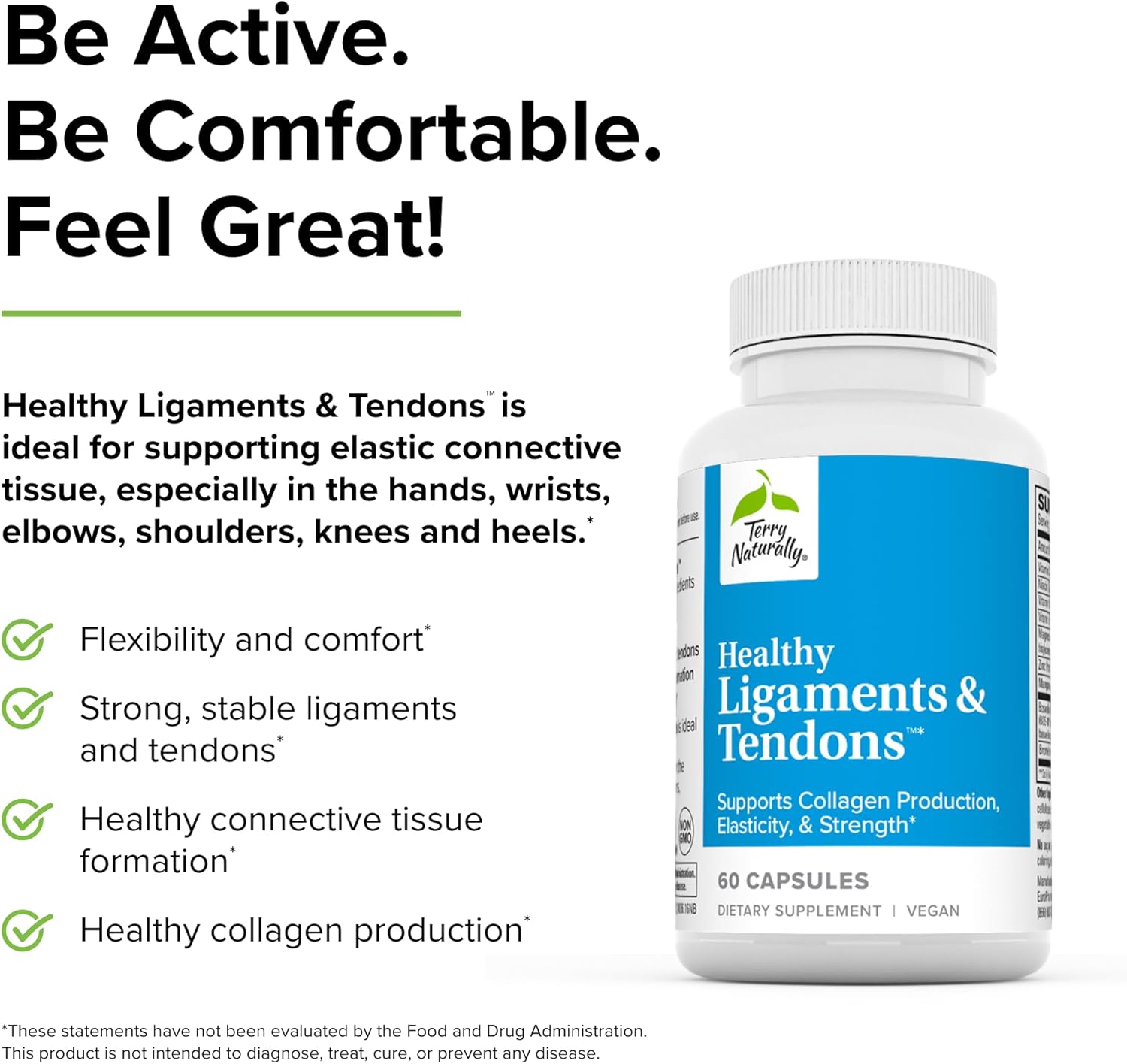 60 Capsules Terry Naturally Ligaments & Tendons Support - Collagen Production, Elasticity, & Strength - Non-GMO, Vegan, Gluten Free - 30 Servings