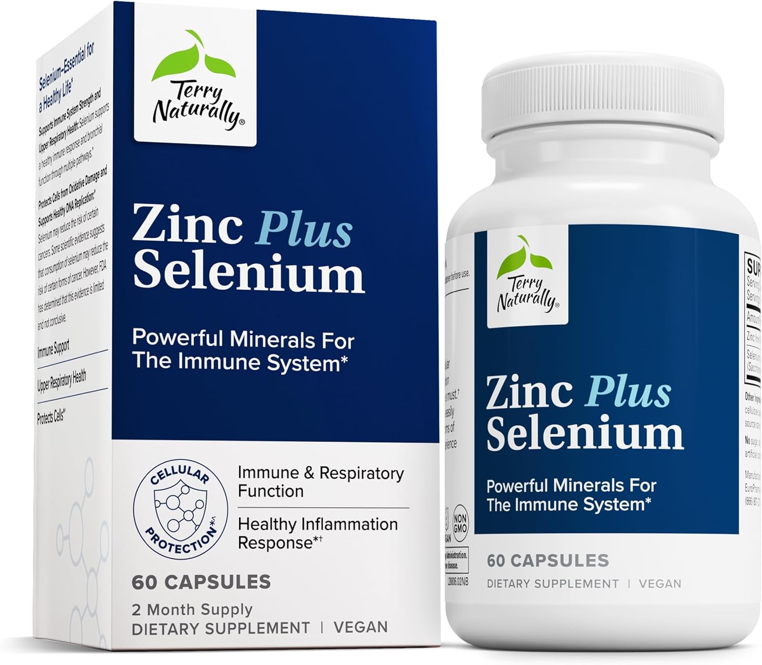60 Capsules Terry Naturally Zinc Plus Selenium for Immune Support & Cellular Protection - Non-GMO Vegan Supplement - 60 Servings