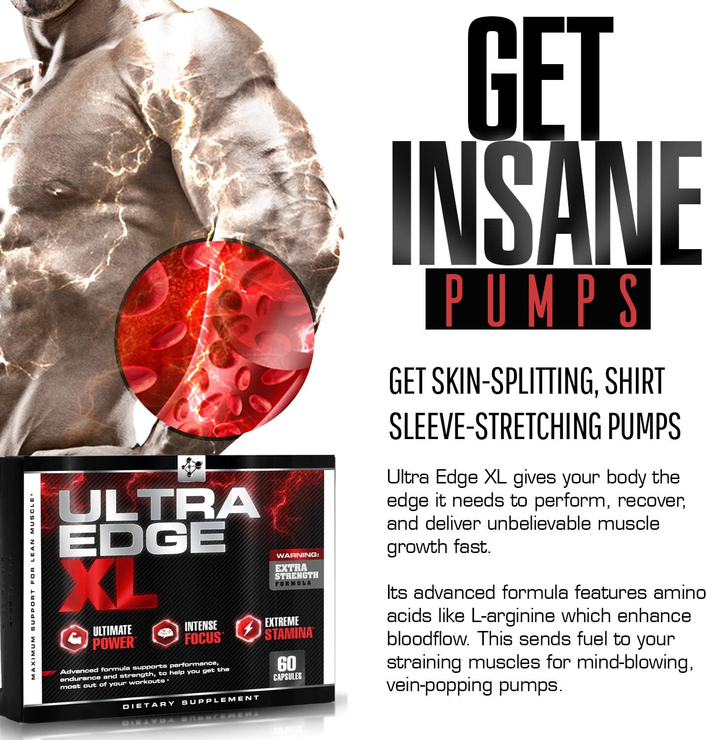 60 Capsules Ultra Edge XL BCAA Bodybuilding Supplement for Muscle Growth & Recovery with Amino Acids - Nitric Oxide Booster & Intensified Workouts