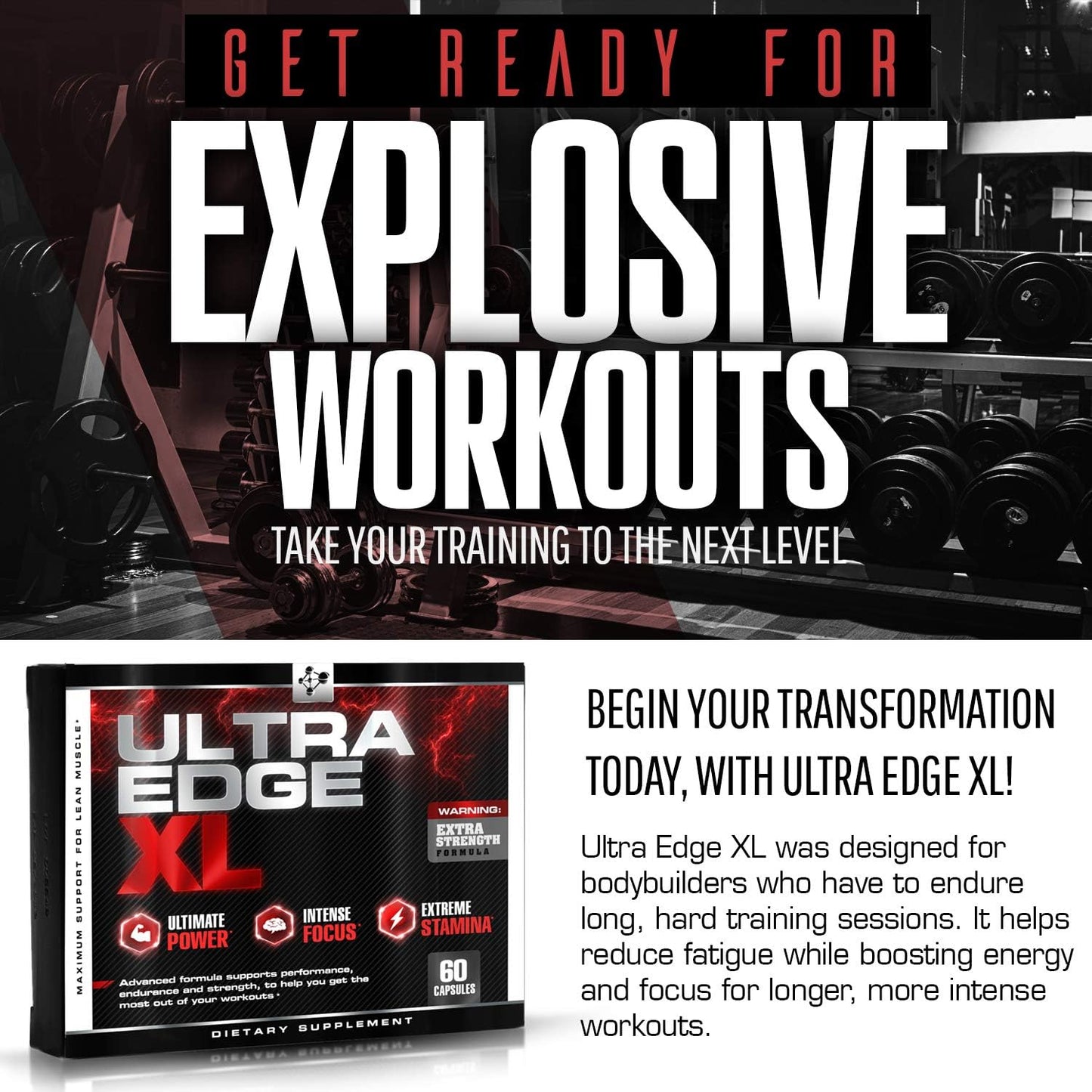 60 Capsules Ultra Edge XL BCAA Bodybuilding Supplement for Muscle Growth & Recovery with Amino Acids - Nitric Oxide Booster & Intensified Workouts