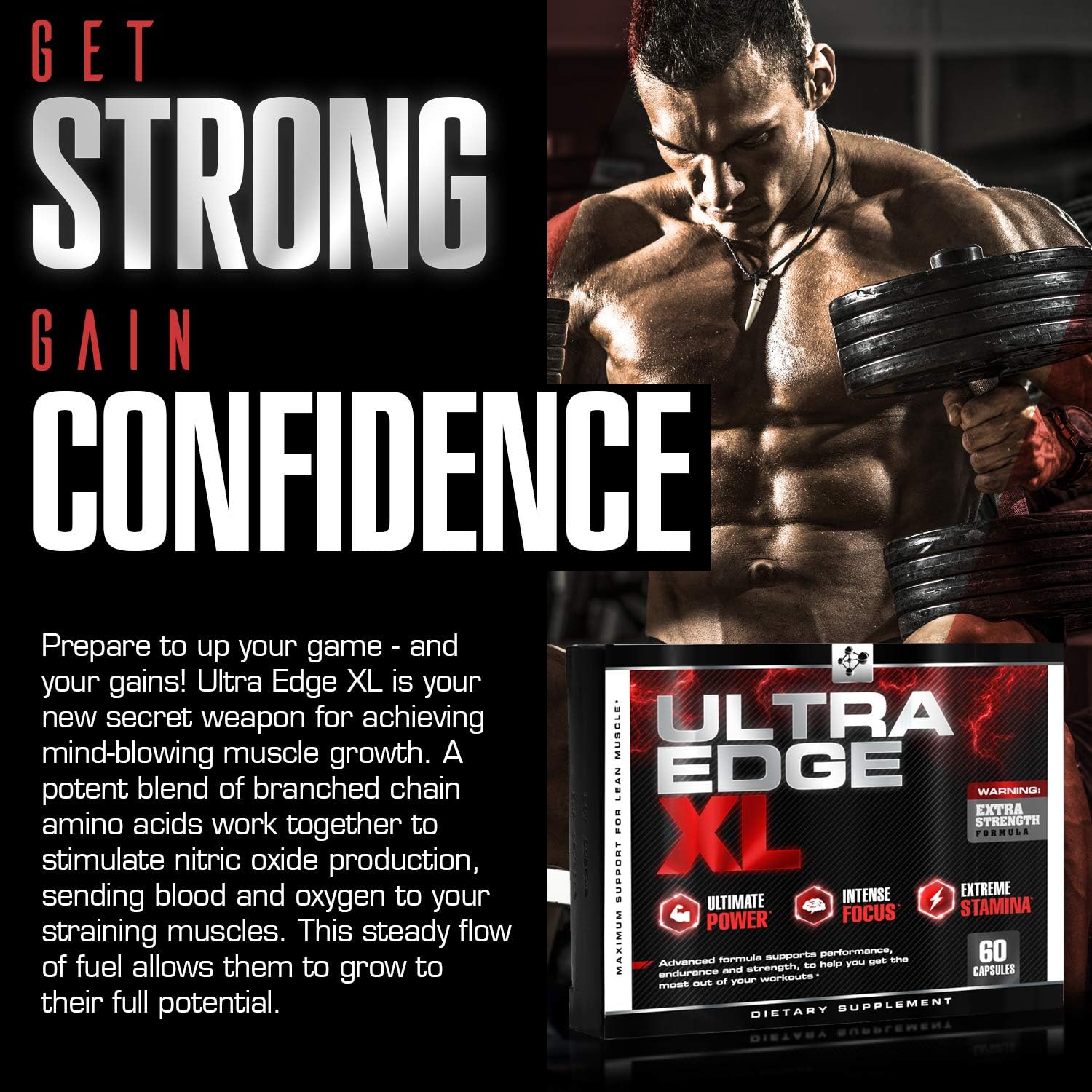 60 Capsules Ultra Edge XL BCAA Bodybuilding Supplement for Muscle Growth & Recovery with Amino Acids - Nitric Oxide Booster & Intensified Workouts