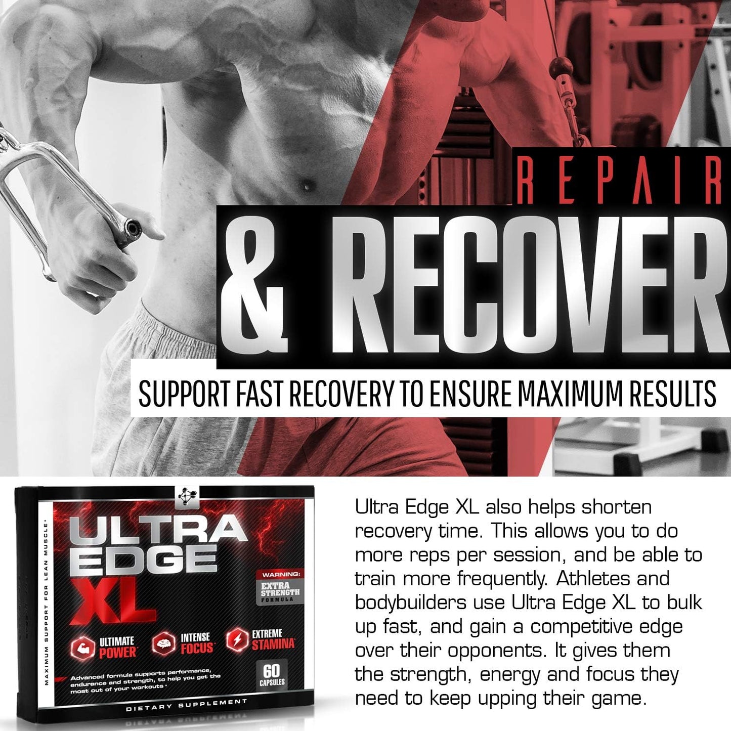 60 Capsules Ultra Edge XL BCAA Bodybuilding Supplement for Muscle Growth & Recovery with Amino Acids - Nitric Oxide Booster & Intensified Workouts
