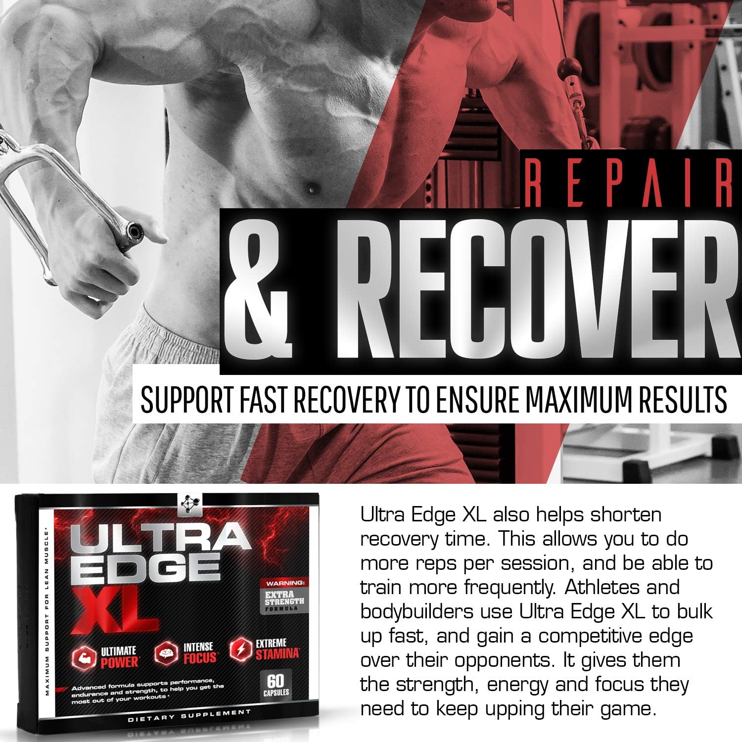 60 Capsules Ultra Edge XL BCAA Bodybuilding Supplement for Muscle Growth & Recovery with Amino Acids - Nitric Oxide Booster & Intensified Workouts