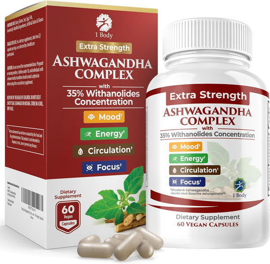 60 Capsules Vegan Ashwagandha Complex with Shoden® for Stress Relief, Sleep, and Energy Support - Non-GMO Formula